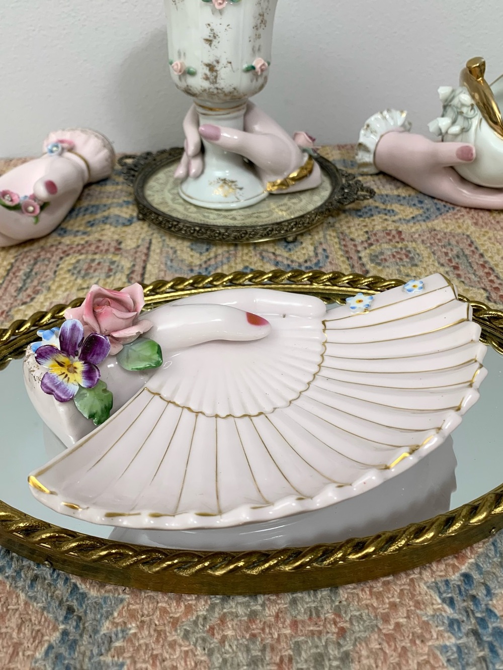 Vintage Lefton China Porcelain Hand Fan Shape Display Flowers Trinket Dish Tray